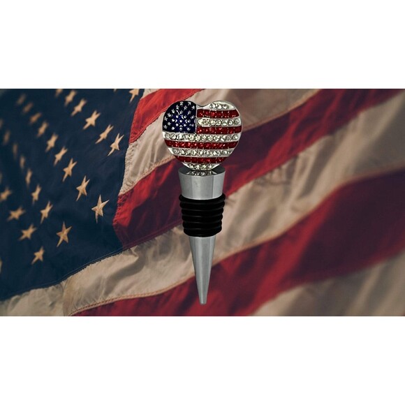 Patriotic Rhinestone-Encrusted American Flag Heart Wine Stopper - Ideal for Inde - Picture 5 of 6